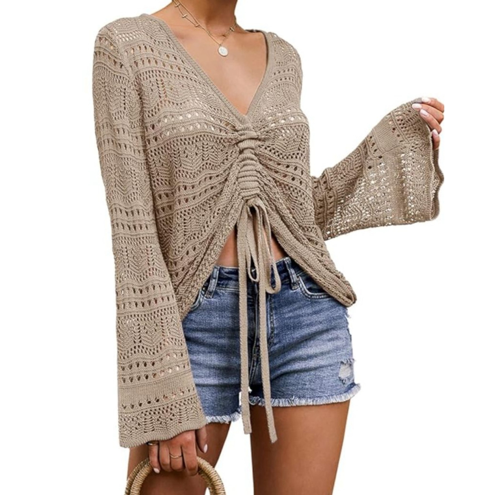 Women's Unbranded Beige Crochet V-Neck Sweater L